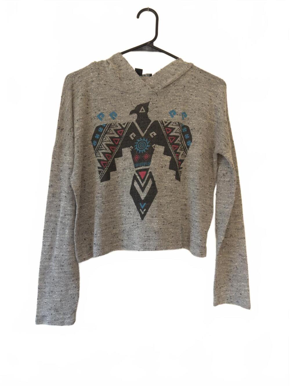 Forever 21 Gray Tribal Eagle Graphic Cropped Hooded Top Size M